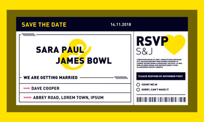 Fototapeta na wymiar Save the Date Wedding Invitation Card. Modern Design template in Boarding Pass Style. Vector illustration.