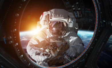Naklejka premium Astronaut working on a space station 3D rendering elements of this image furnished by NASA