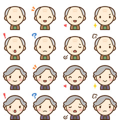 Isolated set of  elderly man & woman avatar expressions