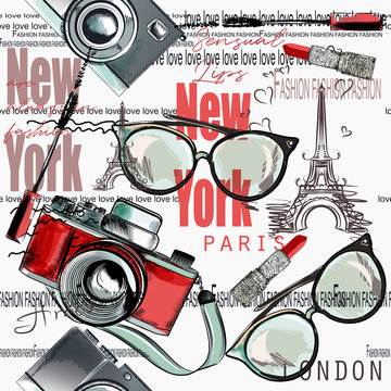 Fashion vector pattern lipstick, camera, glasses, words New York, London, Paris