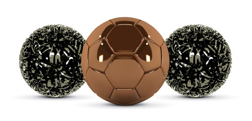Gold soccer ball and abstract metal ball on white background. Golden football ball. Bronze 3d ball