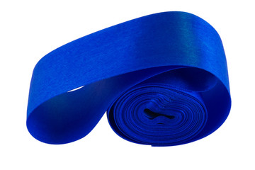 A blue satin ribbon, laid in the form of a roll with a bent inside end on a white background.