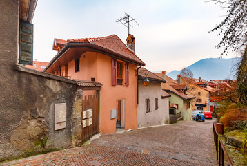 Empty typical French nice street in Old Town of Annecy in the morning, France