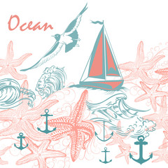 Illustration on ocean theme with seagull, starfishes and ship