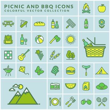 Picnic and barbecue modern colored icons. Vector.