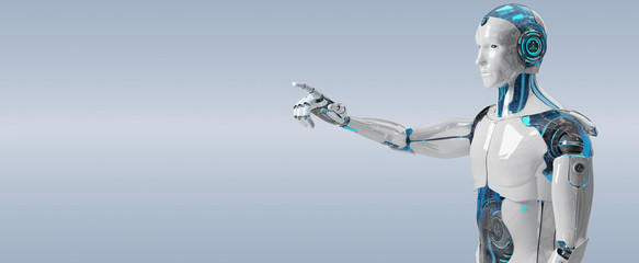 White male cyborg pointing his finger 3D rendering