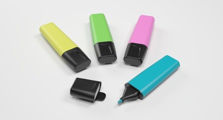 3D rendering - set of colorful highlighter pens isolated on white background.