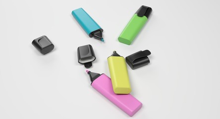 3D rendering - set of colorful highlighter pens isolated on white background.