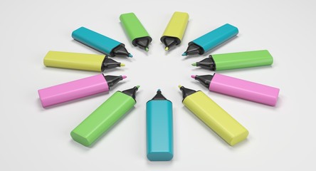 3D rendering - set of colorful highlighter pens isolated on white background.