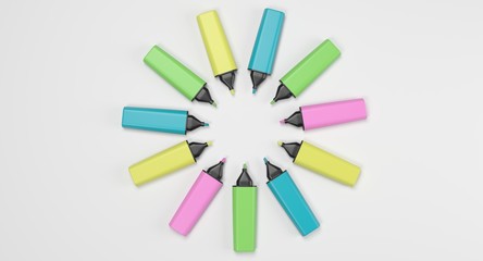 3D rendering - set of colorful highlighter pens isolated on white background.