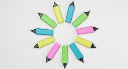 3D rendering - set of colorful highlighter pens isolated on white background.