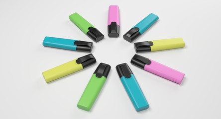 3D rendering - set of colorful highlighter pens isolated on white background.