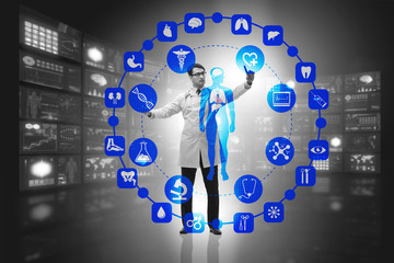 Telemedicine concept with doctor pressing virtual buttons