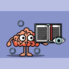 brain cartoon holding book learn idea vector illustration
