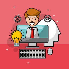 businessman in computer idea work creative process vector illustration