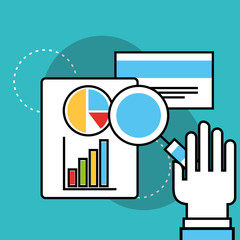 Obraz premium hand holding magnifying glass document and bank card analytics and investment vector illustration