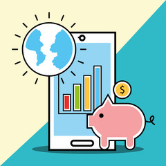 phone piggy bank and world analytics and investment vector illustration