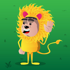 Boy dressed as lion with waving hand. Vector cartoon character illustration.