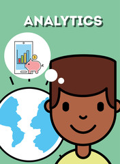 boy phone piggy world analytics business vector illustration