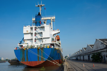 Cargo container ship at the cargo warehouse.