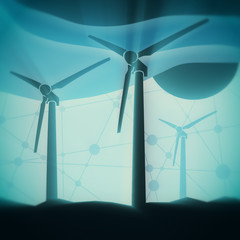 Wind turbine landscape illustration. Renewable energy development relative theme. Abstract background with cutout shapes.