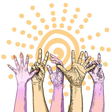 Fists hands up concept of unity, revolution, fight, cooperation. Teamwork, yes you can symbol with space for text Vector.