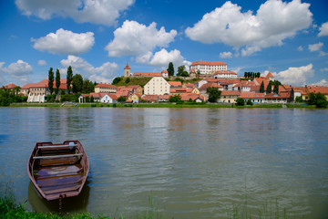 Ptuj, Slovenia, panoramic shot of oldest city in Slovenia with a castle overlooking the old town from a hill, clouds time lapse