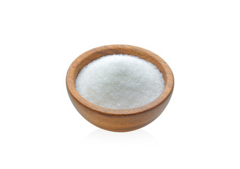sugar on wood bowl isolated on white background