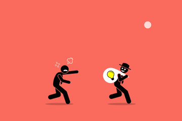 Fototapeta na wymiar Evil businessman stealing business idea. Vector artwork illustration depicts the concept of business thief, copyright infringement, plagiarism , bad person, dishonest, underhand, and cheater. 
