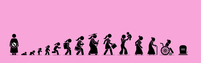 Female life cycle and aging process. Girl or woman growing up from baby to old age.