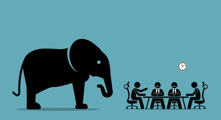 Elephant in the room. Vector artwork illustration depicts the concept of obvious problem, avoiding difficult situation, and evading unpleasant scenario. 