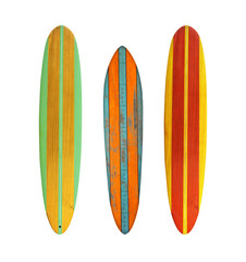 Vintage wood surfboard isolated on white with clipping path for object, retro styles.