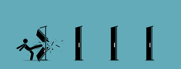 Man kicking down and destroying door one by one. Vector illustration depicts eliminating barrier of entries, roadblocks, overcome challenges, and destroying obstacles with power and brute force.