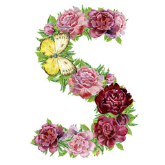 Letter S of watercolor flowers