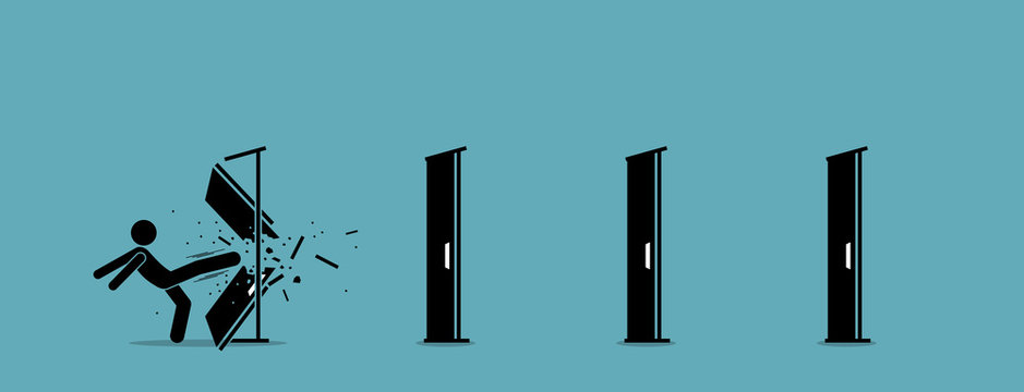 Man kicking down and destroying door one by one. Vector illustration depicts eliminating barrier of entries, roadblocks, overcome challenges, and destroying obstacles with power and brute force.