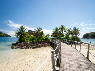 Ocean Landscape Boardwalk Walkway Over Beach out to Lone Palm Tree Island in Fiji