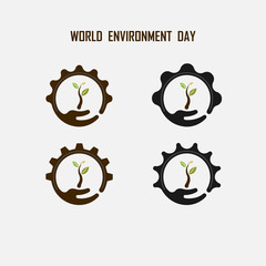 Gear cog and Green concept.Globe and Leaf sign. World Environment day concept vector logo design template.June 5st World Environment day concept.World Environment day Awareness Idea Campaign.