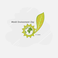 Gear cog and Green concept.Globe and Leaf sign. World Environment day concept vector logo design template.June 5st World Environment day concept.World Environment day Awareness Idea Campaign.