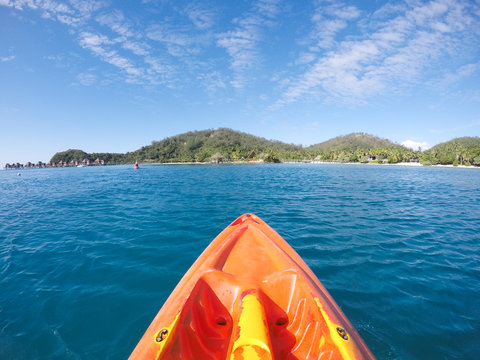 Kayak Canoe POV Lanscape View Of Tropical Island Paradise On South Pacific Island Of Fiji