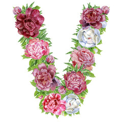 Letter V of watercolor flowers