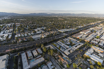 Aerial view of Encino homes, apartments and the Ventura 101 in the San Fernando Valley area of Los...
