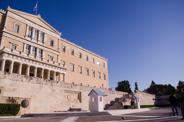Syntagma square, Greek parliament blue sky and flag