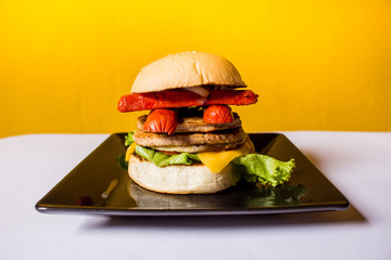Hambúrguer artesanal brasileiro com duas carnes, queijo, presunto, ovo, alface, tomate e cebola....