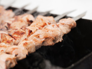 Shish kebab in process of cooking on open fire outdoors