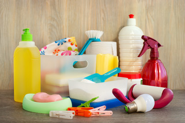 Household items are collected in a heap. Many household items in the form of washing powder,...