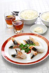 wafer prawn rolls with century egg, chinese dim sum