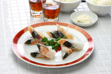 wafer prawn rolls with century egg, chinese dim sum