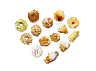 bakery food ideas - variety bread, donut,  bun and toast isolated on white background.