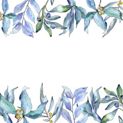 Blue elaeagnus leaves in a watercolor style. Frame border ornament square. Aquarelle leaf for background, texture, wrapper pattern, frame or border.