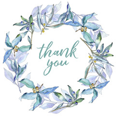 Blue elaeagnus leaves in a watercolor style. Frame border ornament square. Aquarelle leaf for background, texture, wrapper pattern, frame or border.
